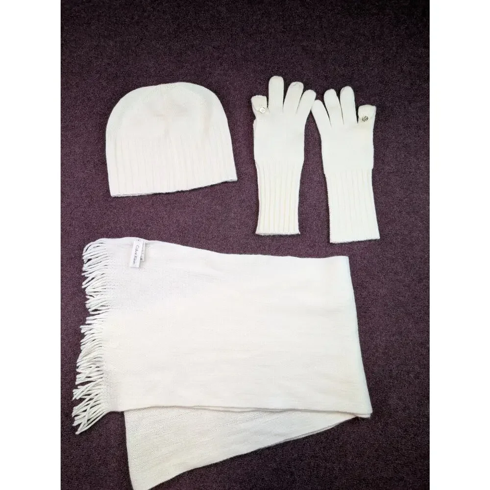 Women's Calvin Klein Beanie, Glove, Scarf Set - White